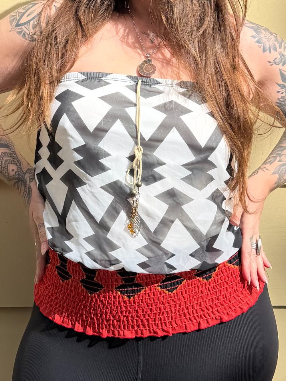 Vivace Black and White Tube Top with Red Elastic Ruffle Band